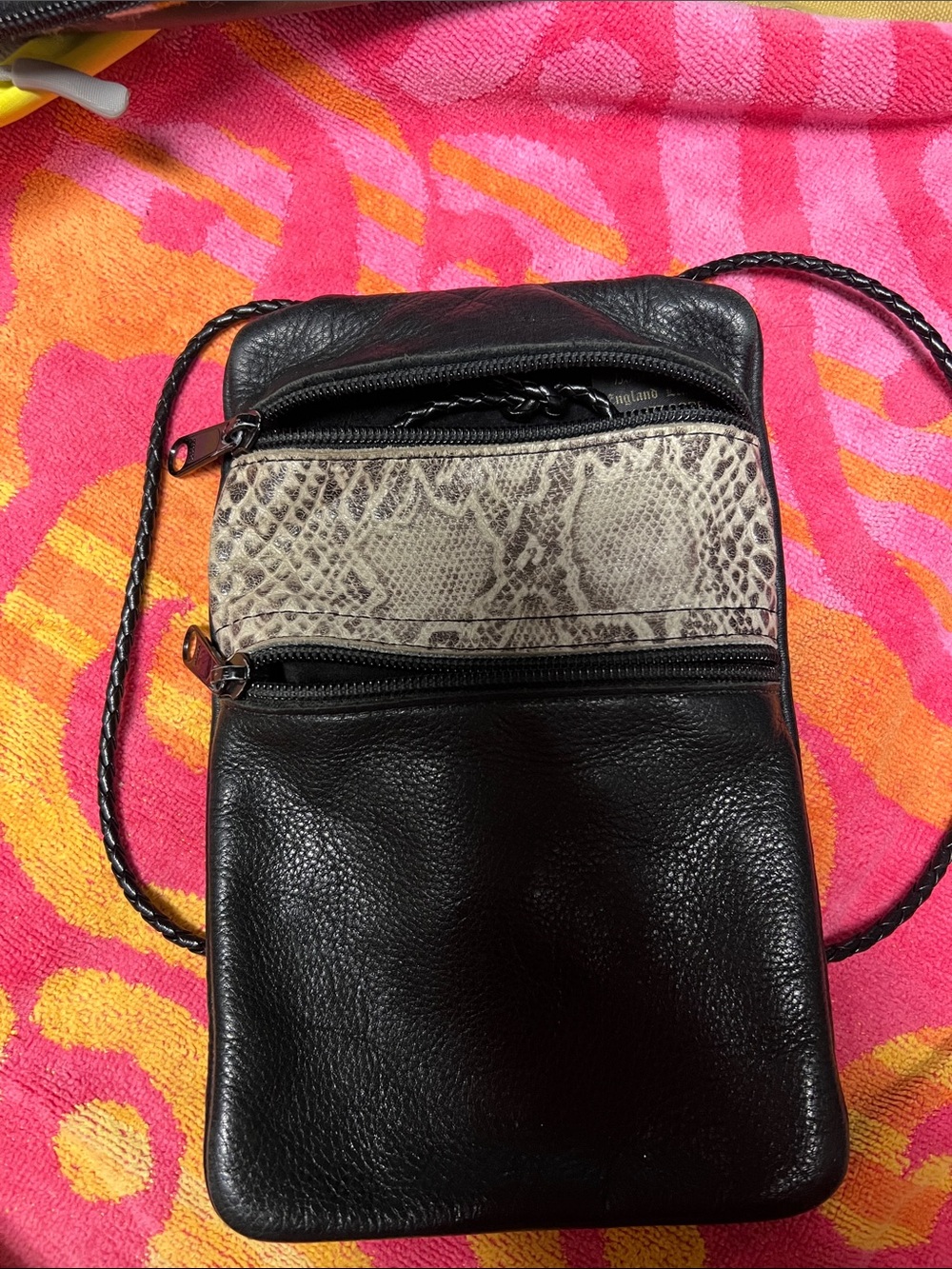 Black Leather Crossbody Bag with Snake-Print Accent